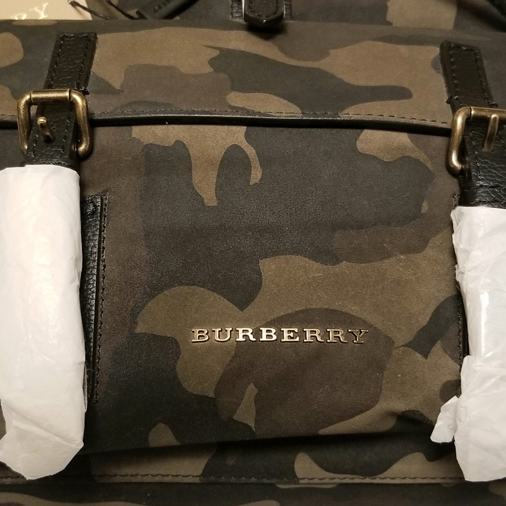 Burberry London Camouflage Brown and Green Suede Leather Backpack - Picture 2 of 10